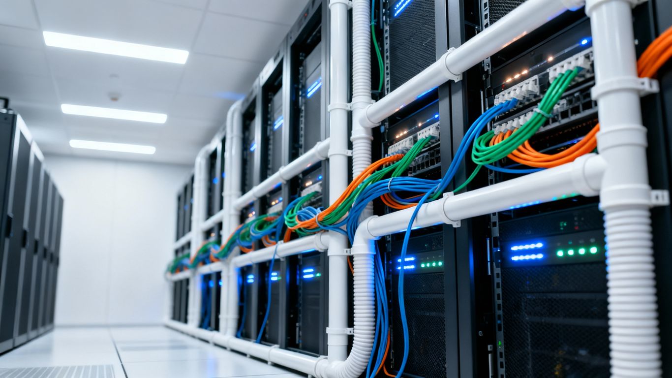 Organized network cables in a server room.