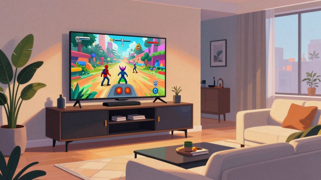 Modern entertainment center with a large screen displaying a video game.