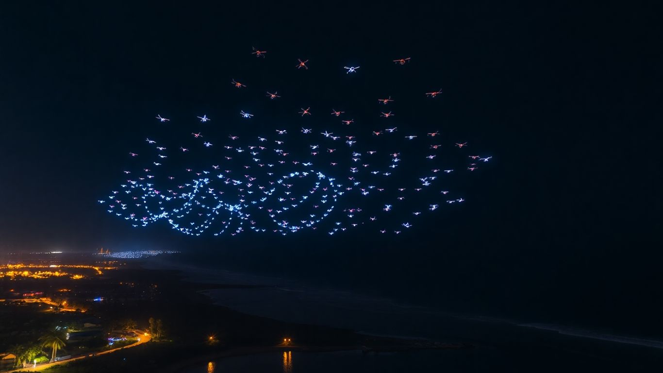 Bali drone light show over the ocean at night.