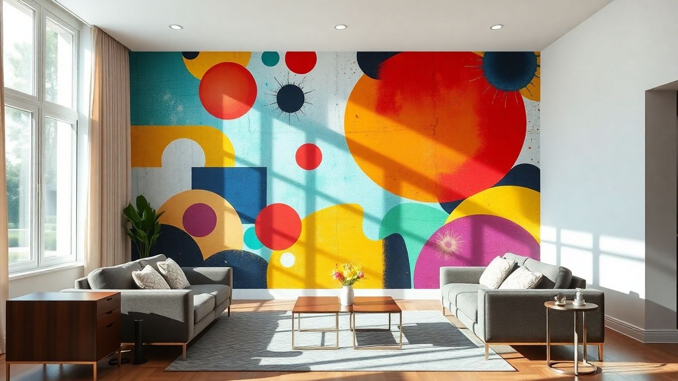 Artistic wall mural in stylish modern living room