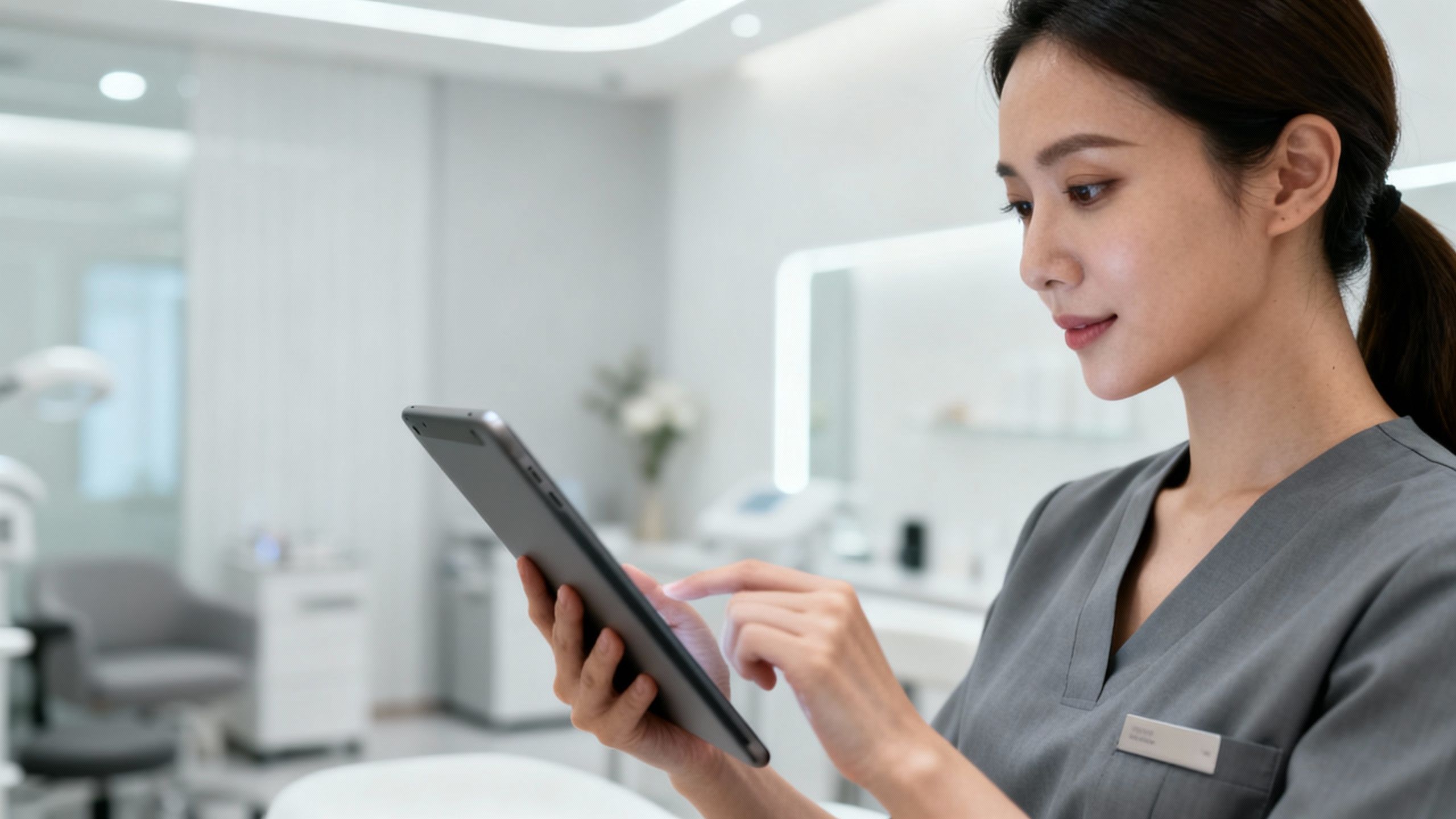 Clinic owner using a tablet device in a modern clinic setting.