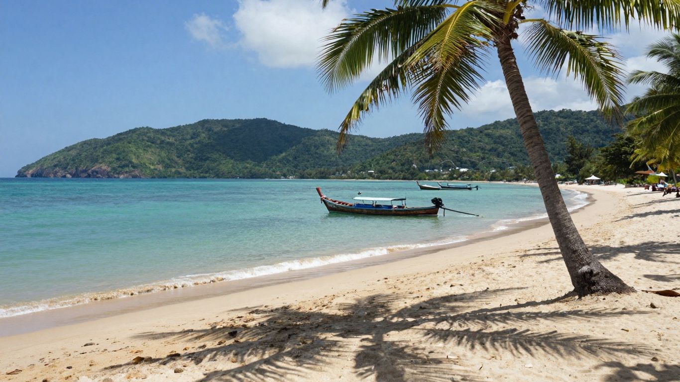 Tropical beach with palm trees and clear blue sea.