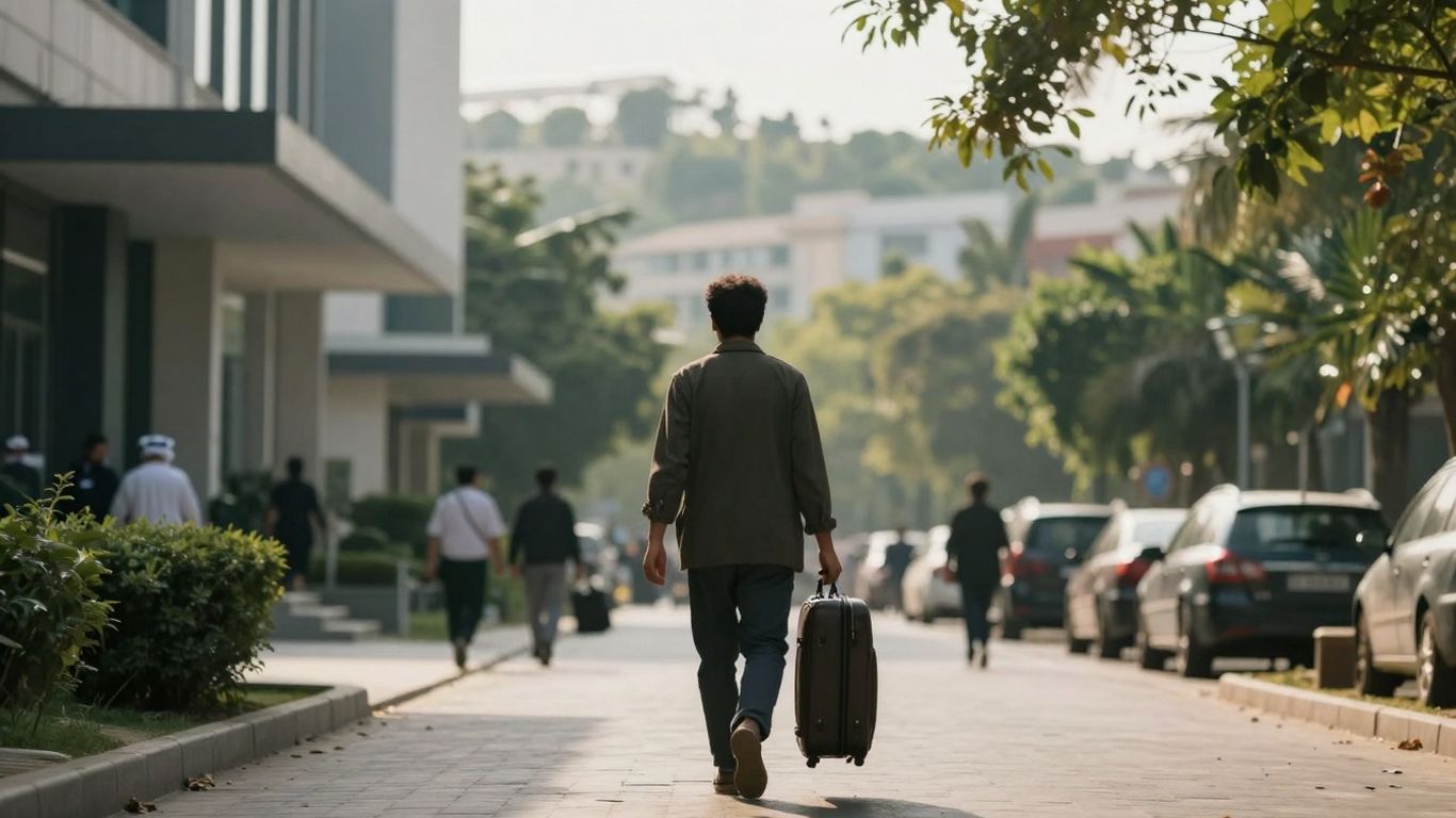 Persoon loopt weg van kantoor naar natuur.