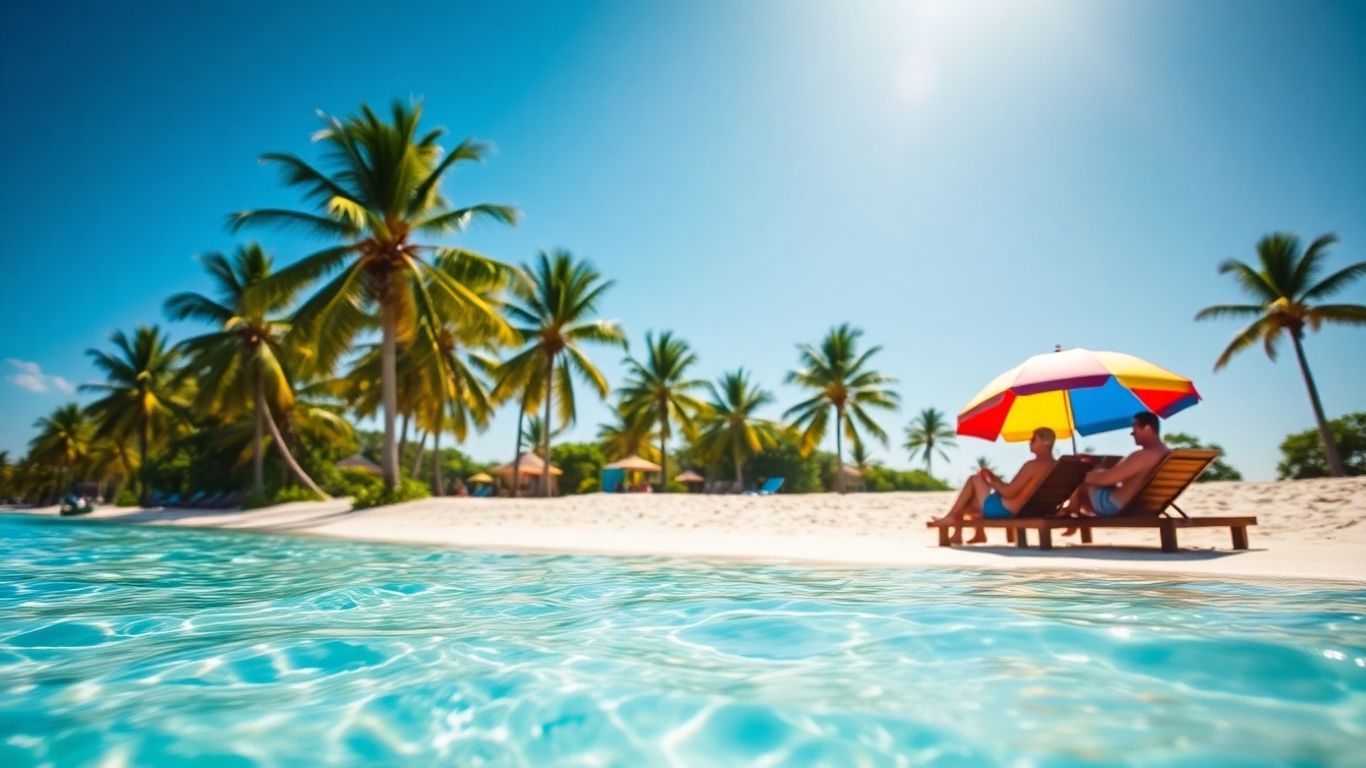 Couple relaxing on a sunny beach with palm trees.