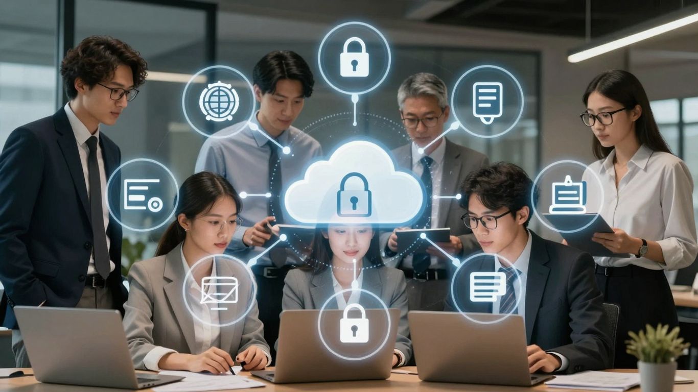 Business professionals and technology icons in an infographic.