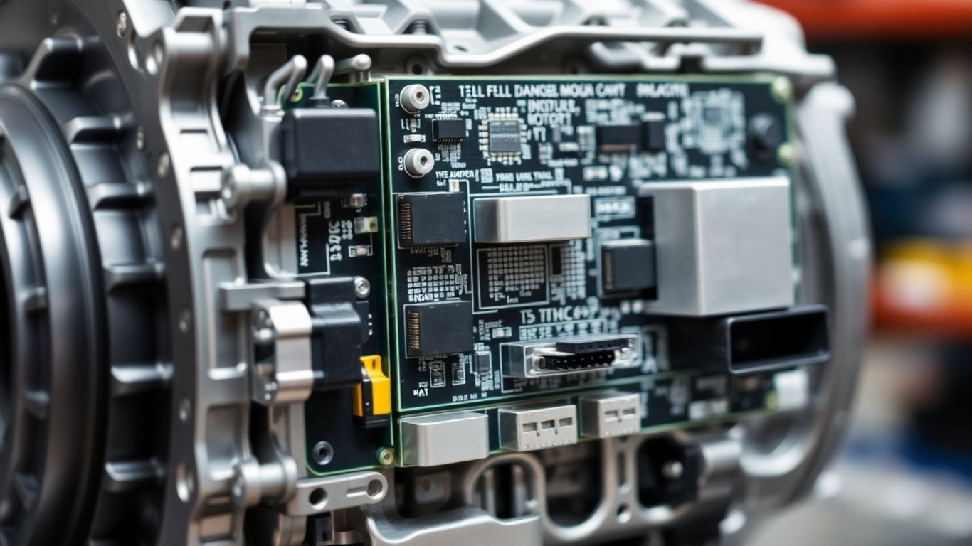 Automotive transmission control module with intricate circuitry.