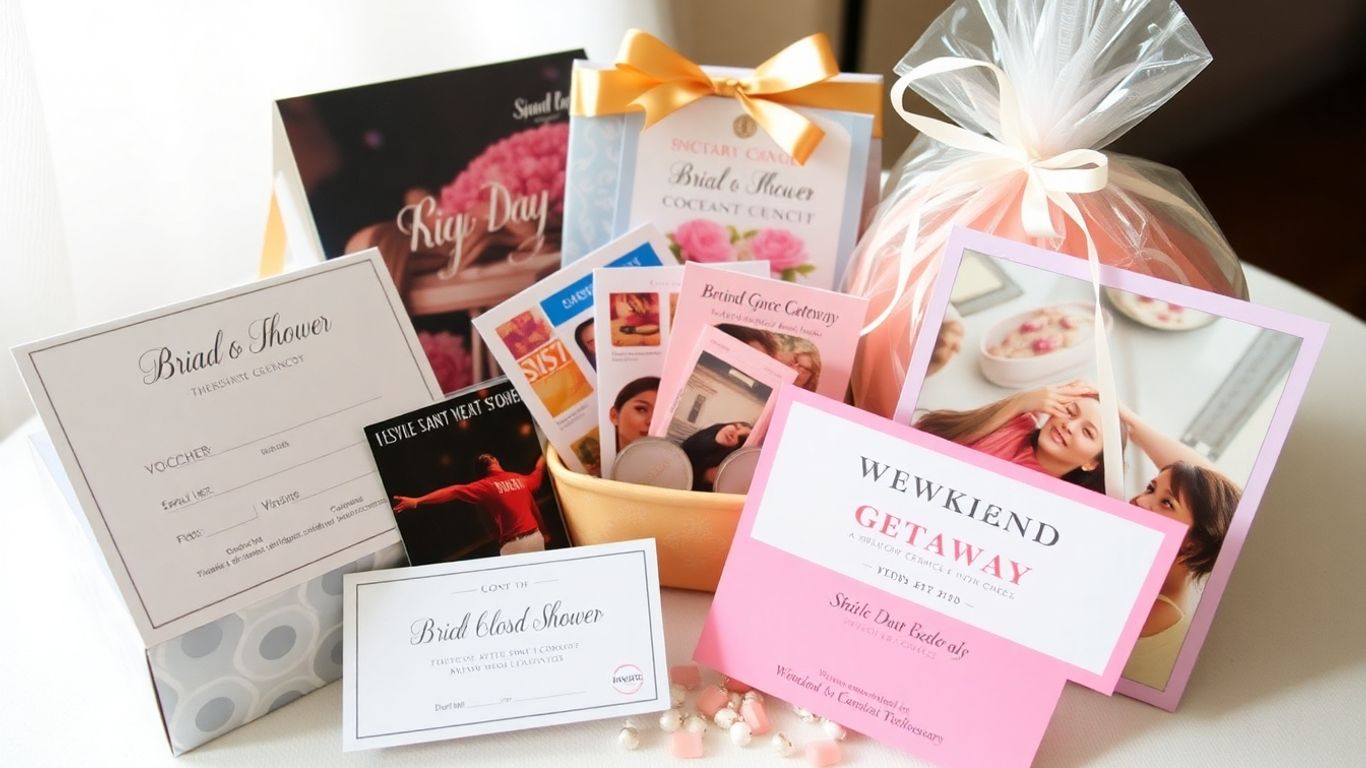 Bridal shower gifts: spa voucher, concert tickets, getaway package.