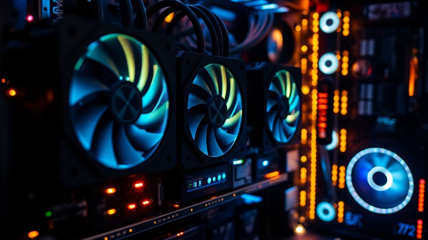 Mining rig with glowing graphics cards processing data.