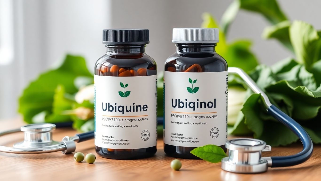 Ubiquinone and ubiquinol bottles with stethoscope and greens