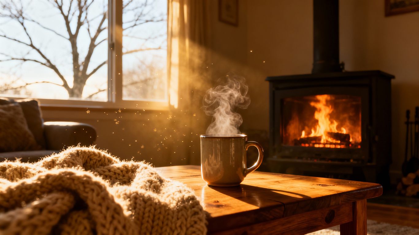 Cozy living room with fireplace and warm blanket.