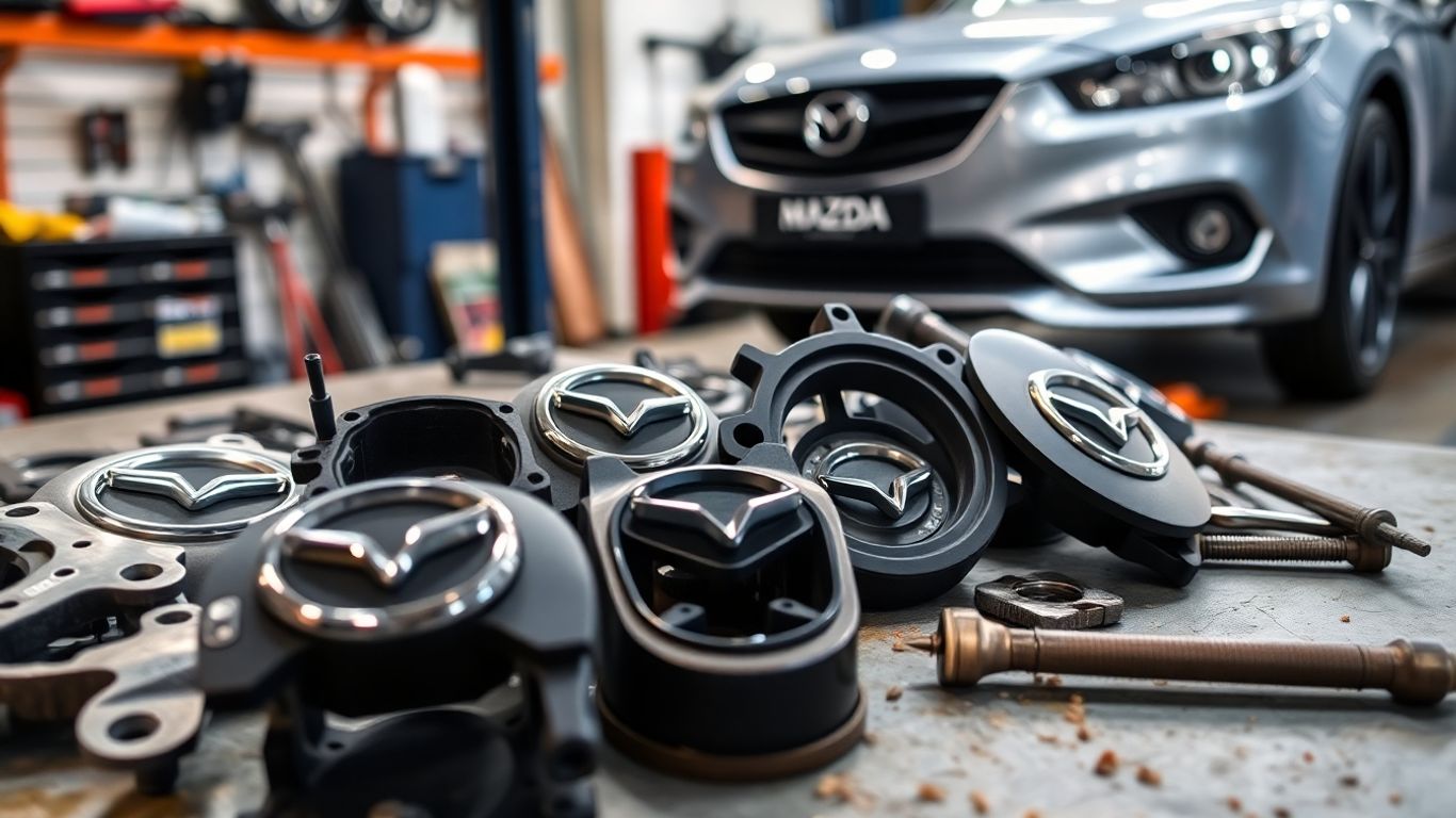 Mazda car parts and tools on a workbench