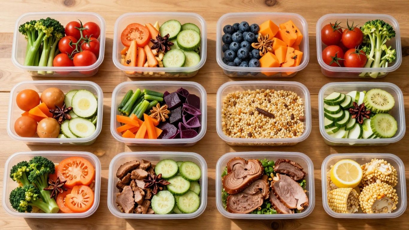 Vorbereitete Mahlzeiten in Behältern, bereit zum Mitnehmen.