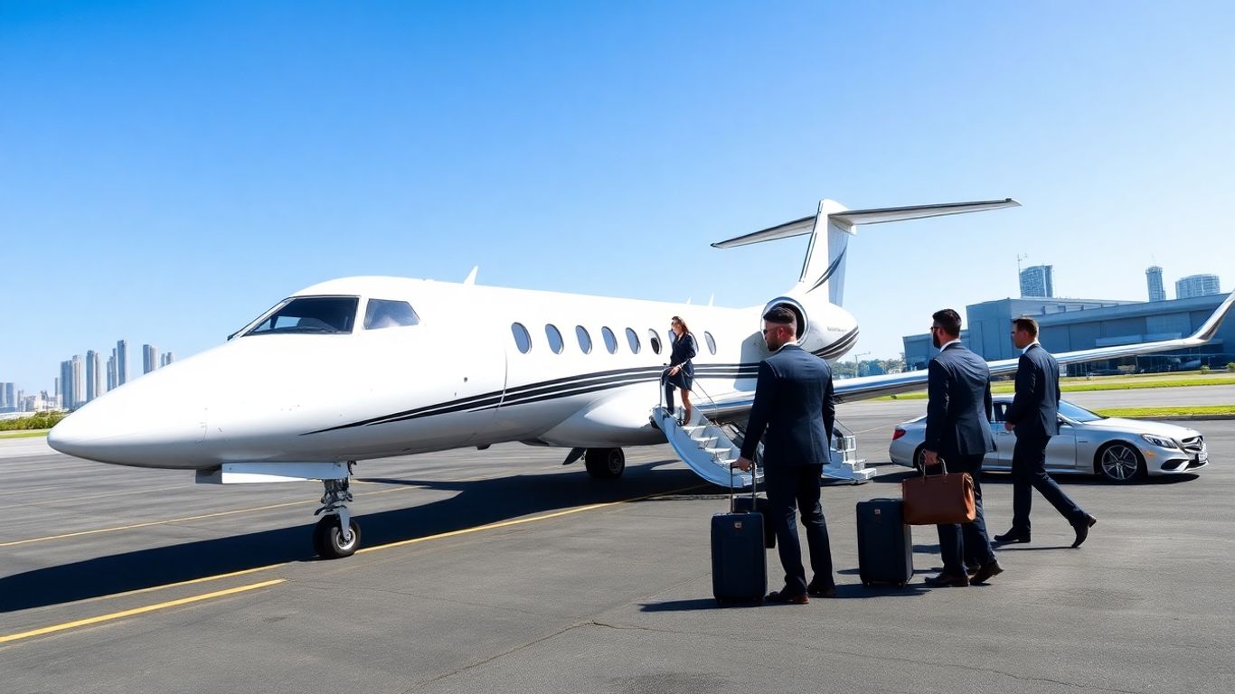 Private jet on runway with luxury cars and passengers.