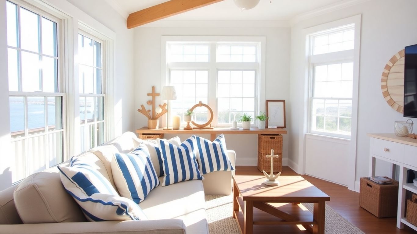 Coastal Airbnb living room with blue accents.