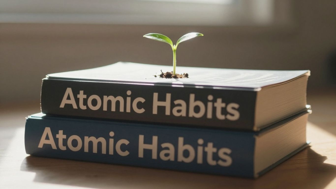 Atomic Habits book stack with plant and sunlight.
