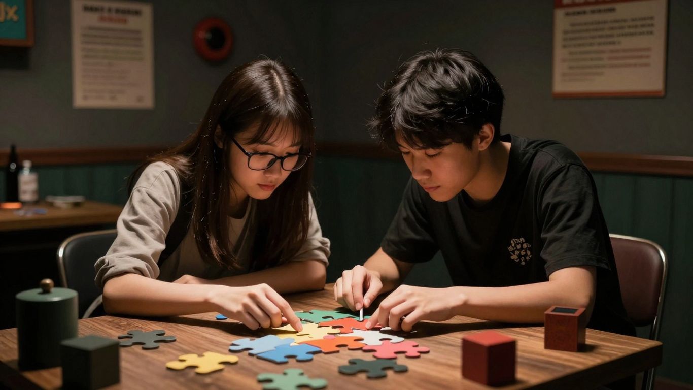 Friends solving a puzzle in Escape Academy game.