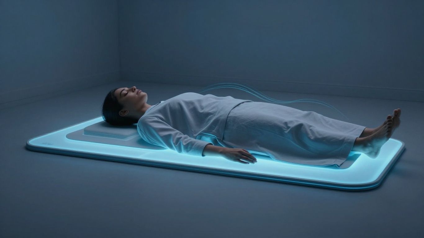 Person relaxing on a glowing PEMF mat.