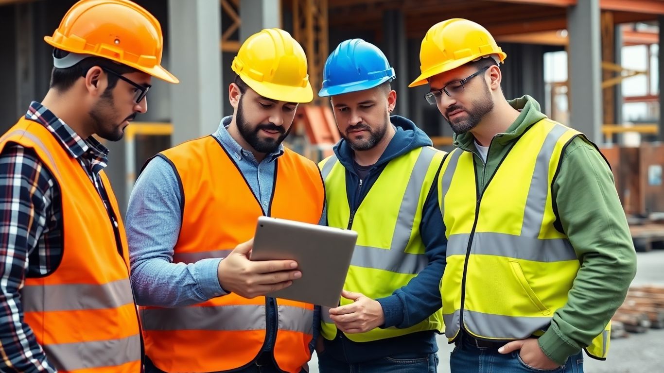 Construction workers using technology at building site
