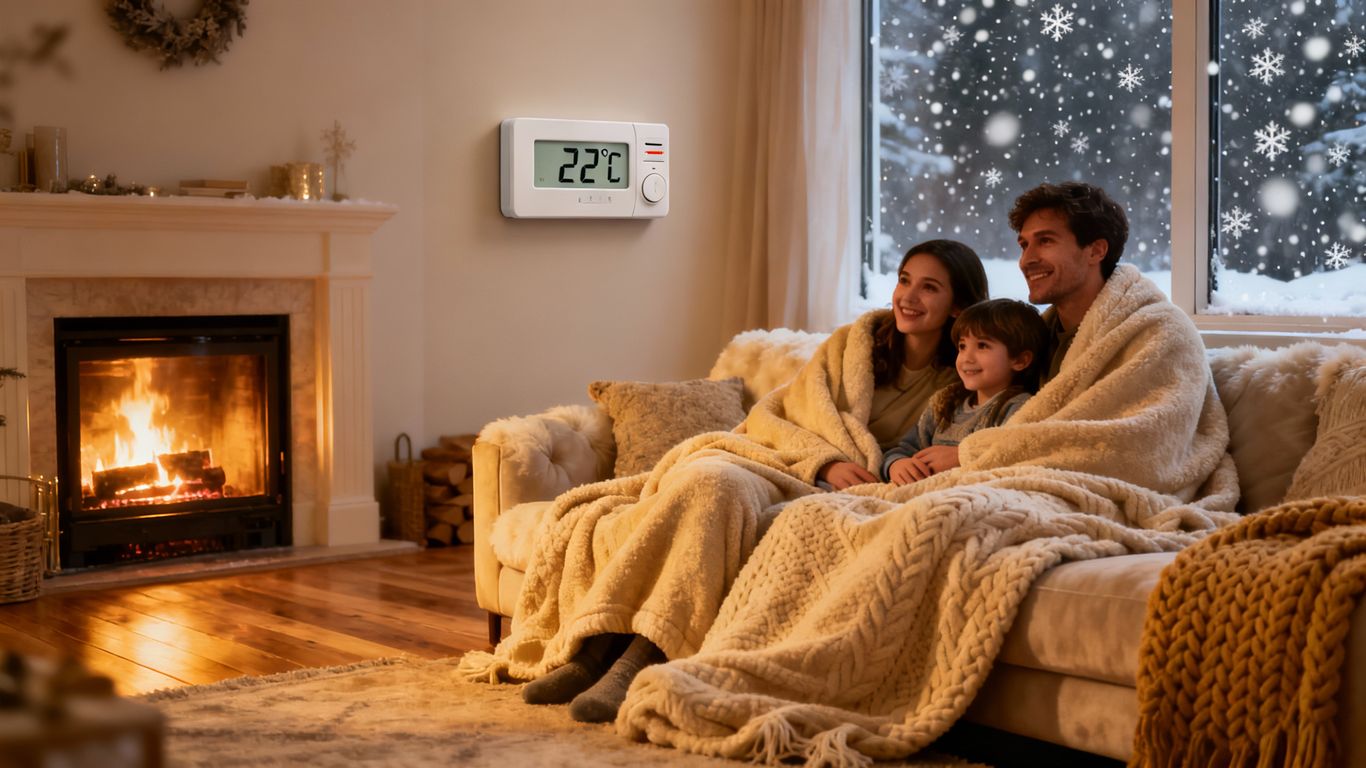 Cozy home interior with fireplace and family during winter.
