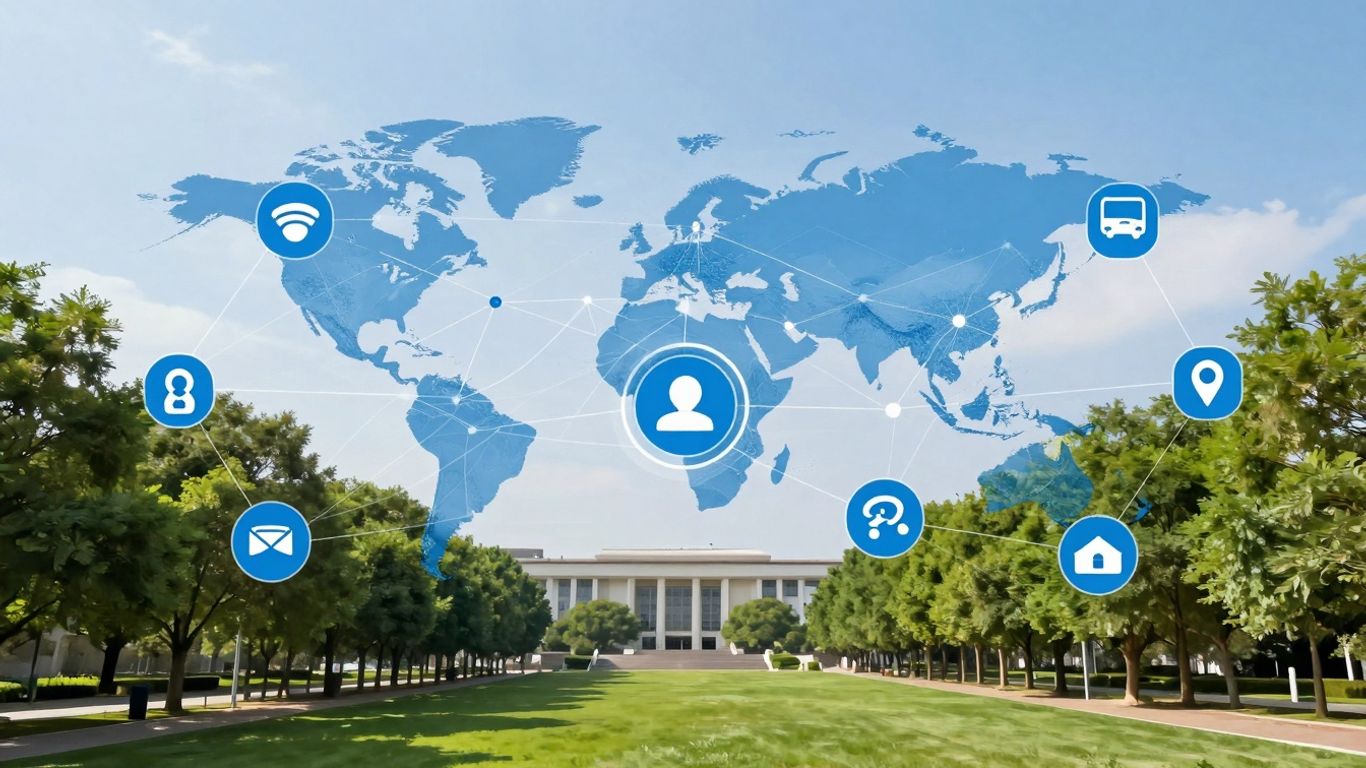 Modern infographic showing IT network connections and digital icons.