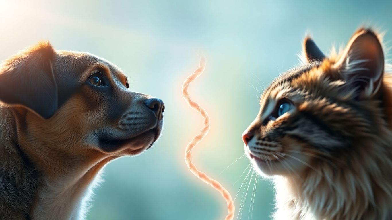 Dog and cat looking at DNA strands.