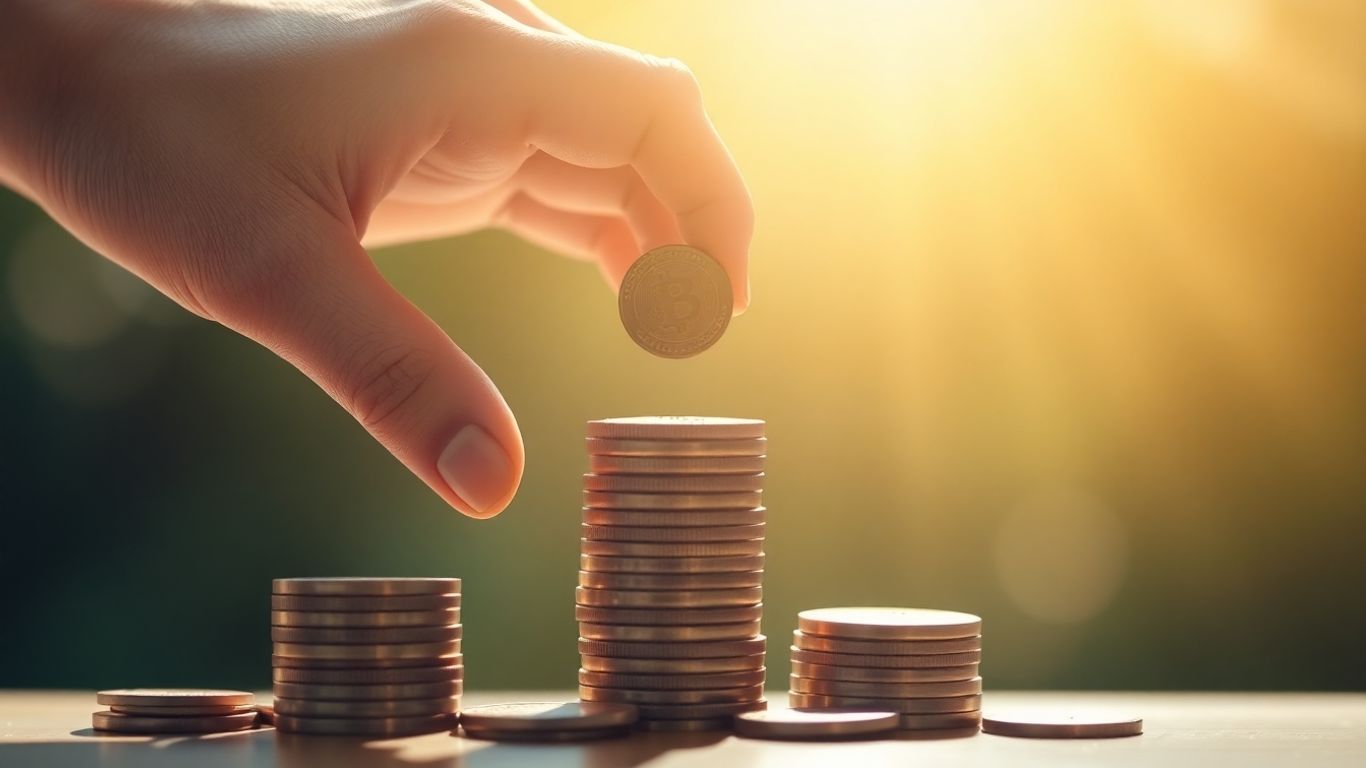 Mãos colocando moeda em pilha crescente de moedas.