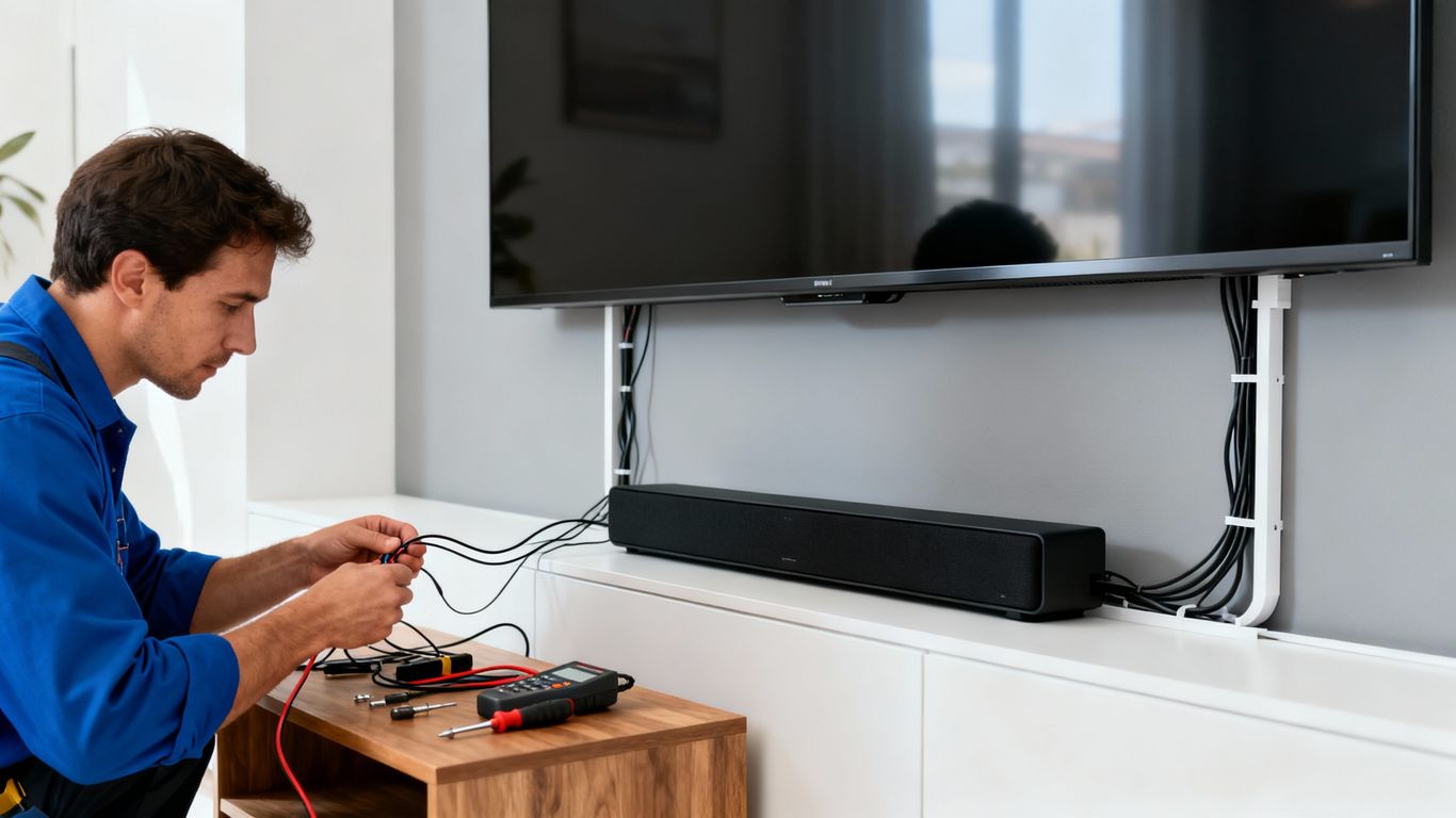 Professional home electronics installation in a modern living room.