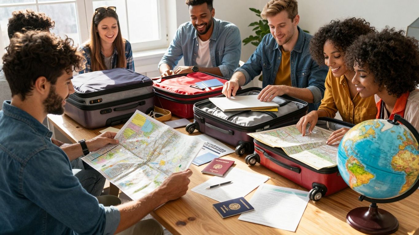 Travel insurance documents and luggage for a trip.