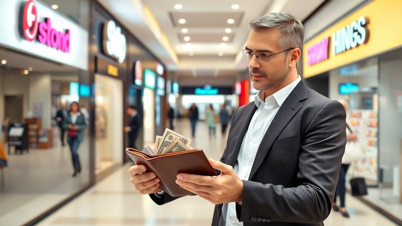 Om de afaceri analizând magazine de franciză într-un mall