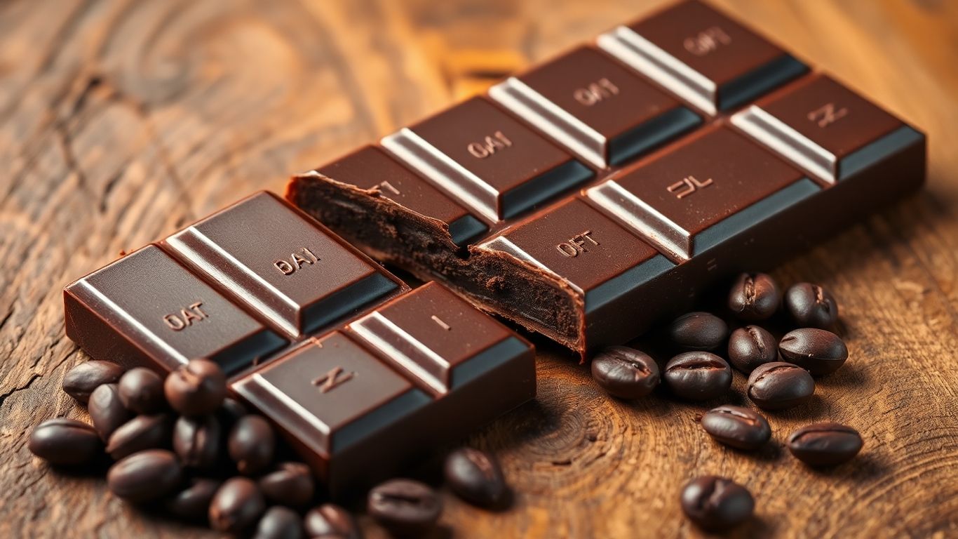 Dark chocolate bar with cocoa beans.