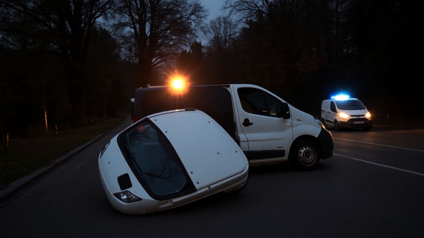 Fourgon blanc accidenté avec gyrophares sur une route de campagne.