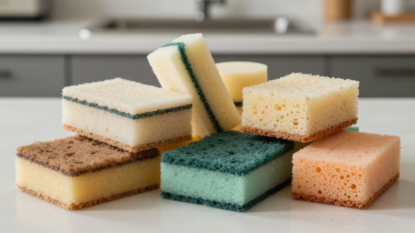 Natural eco-friendly kitchen sponges on a countertop.