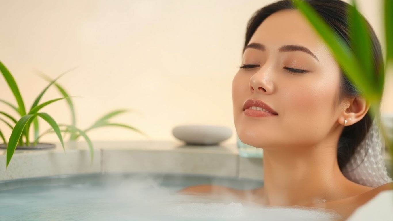 Femme détendue dans un spa en hiver