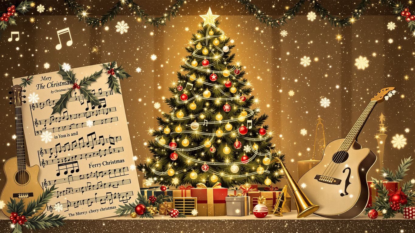 Vintage Christmas music notes and instruments with a glowing tree.
