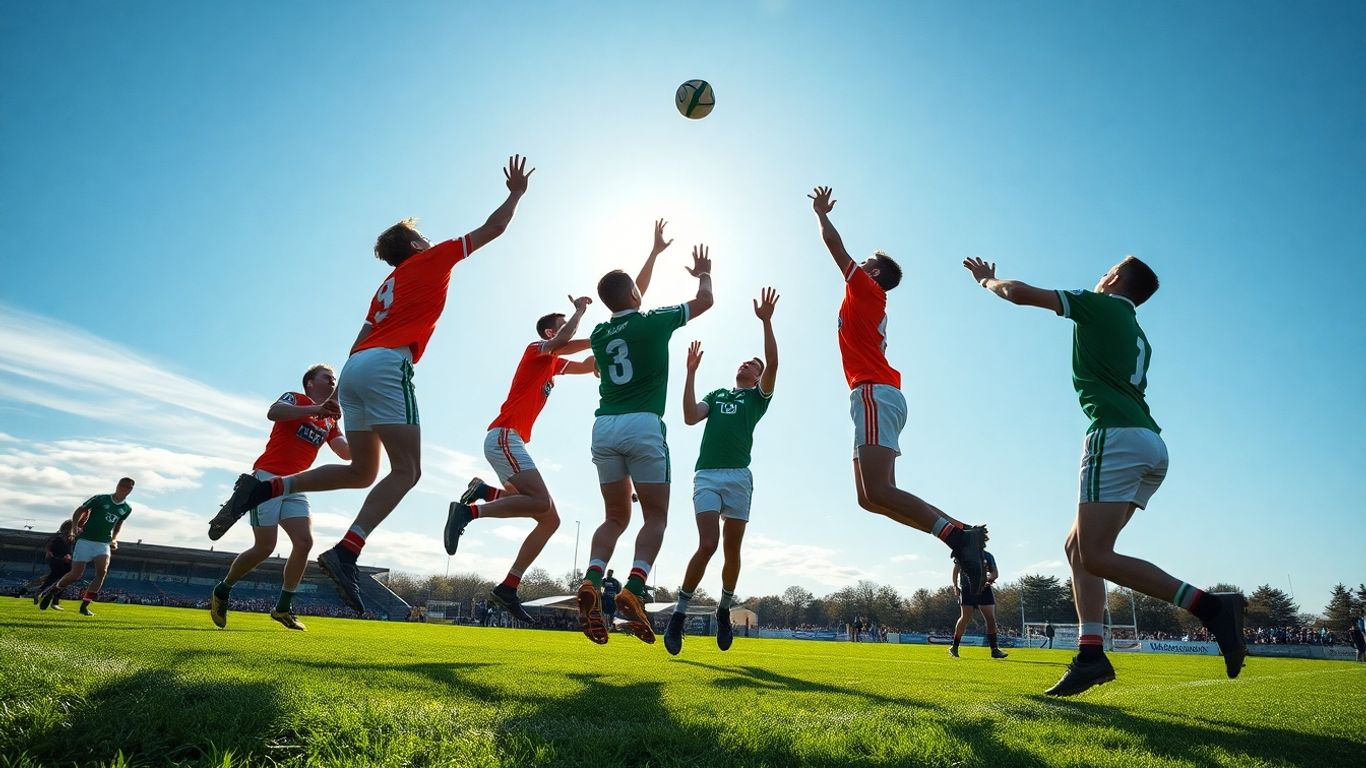 Gaelic football players in action on a green pitch.