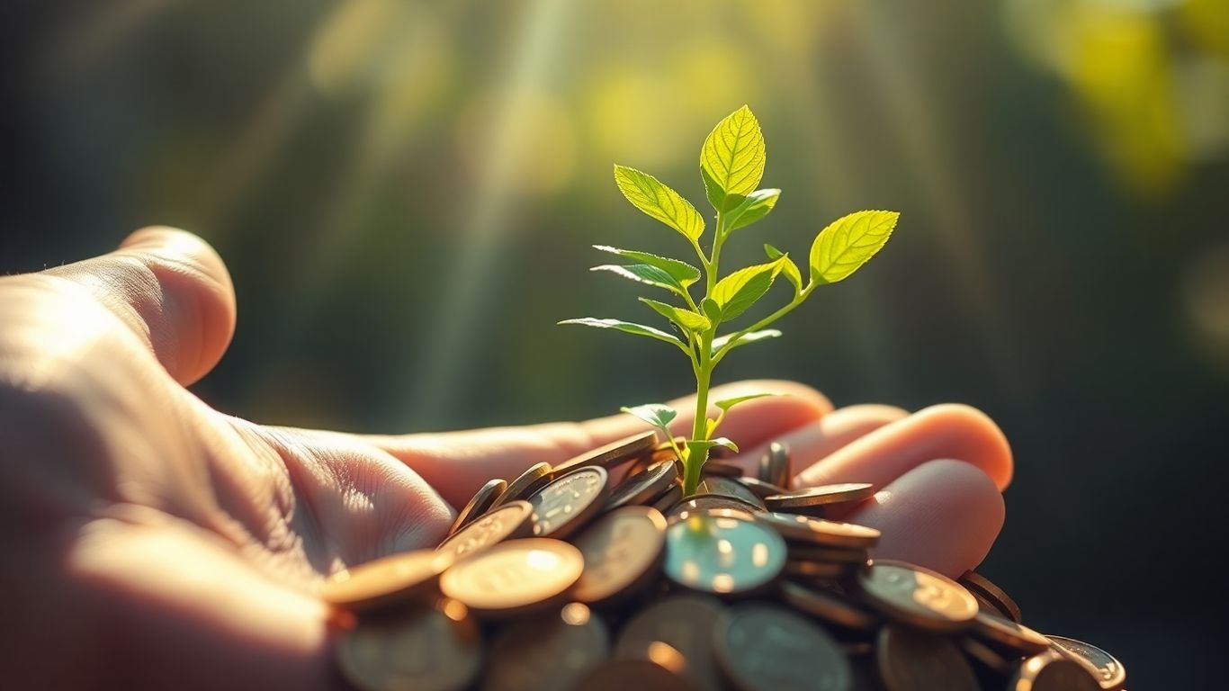 Plant growing from coins, symbolizing investment growth.