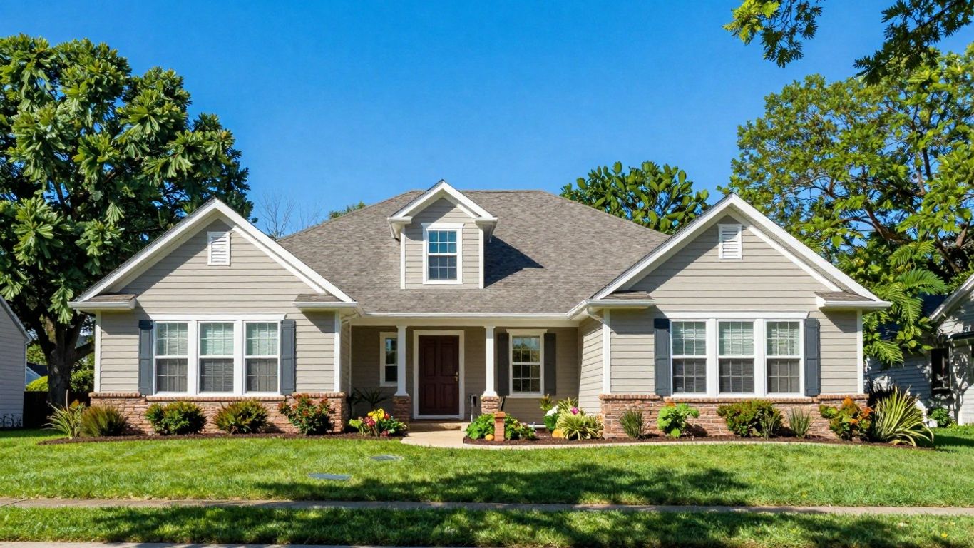 A house with a green lawn and trees.