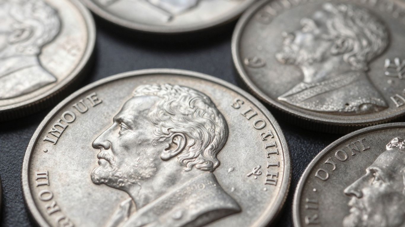 Close-up of various constitutional silver coins.
