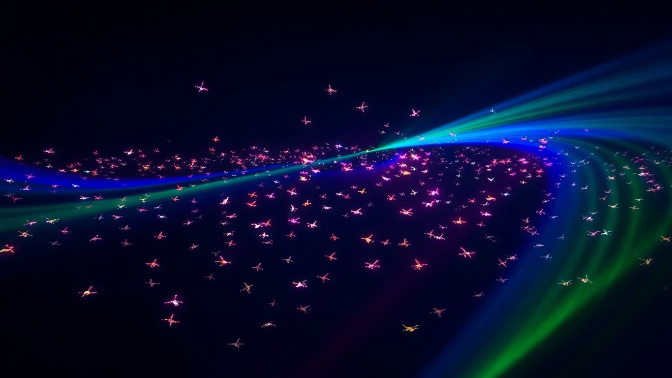 Pertunjukan cahaya drone yang memukau di malam hari.