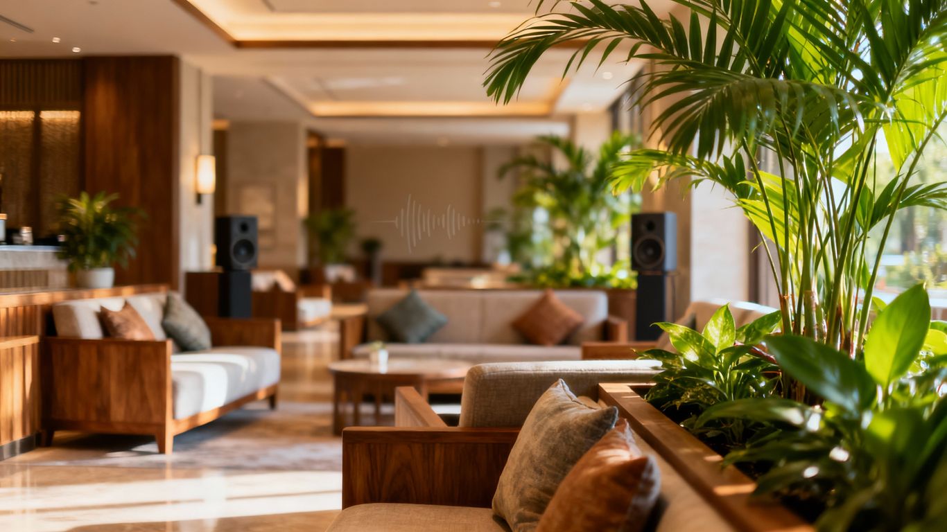 Hotel lobby with calming music and plants.