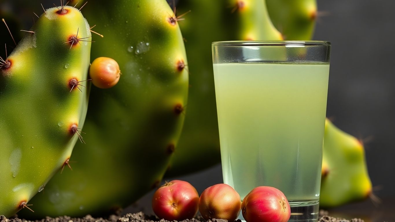 Glass of cactus water next to prickly pear cactus.