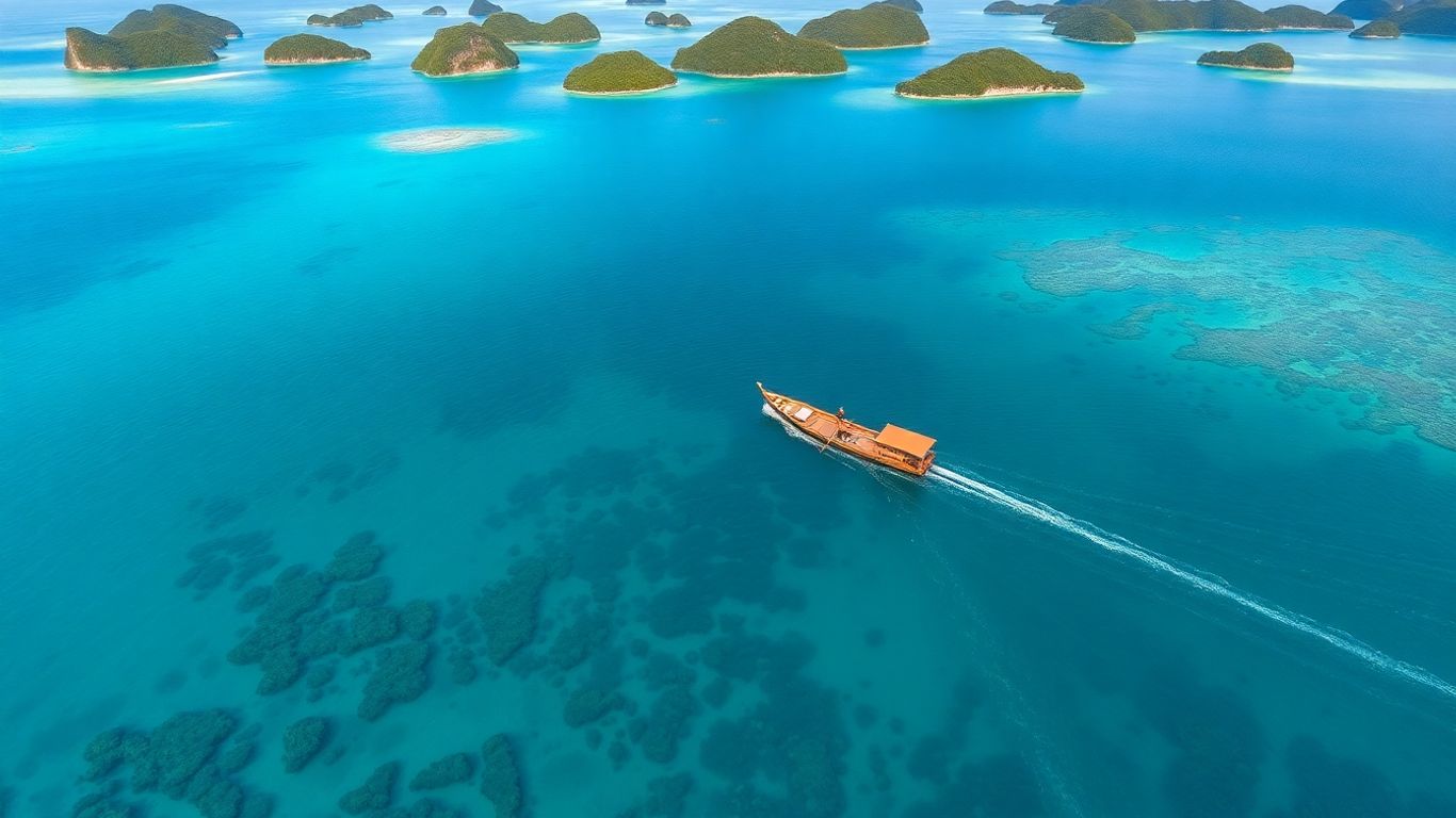 Raja Ampat islands and clear turquoise waters with a boat.