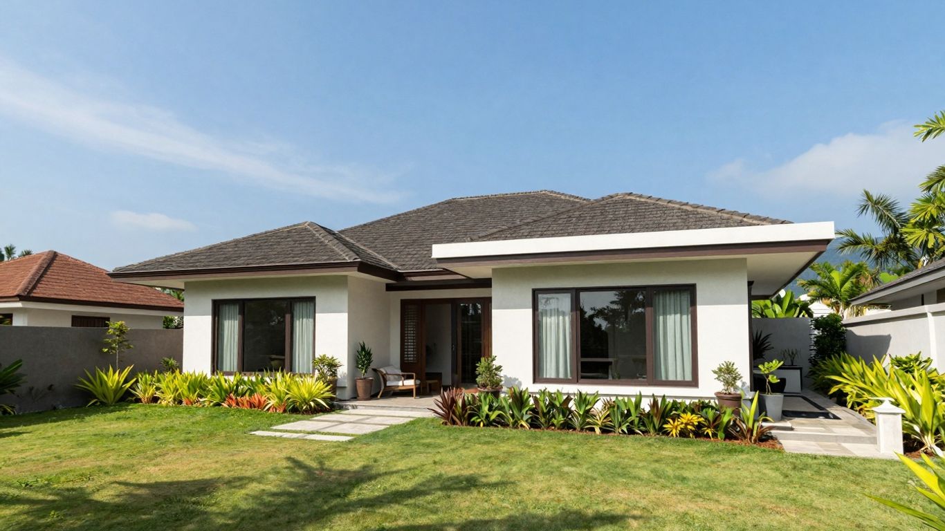 Modern Indonesian house with lush gardens and blue sky.