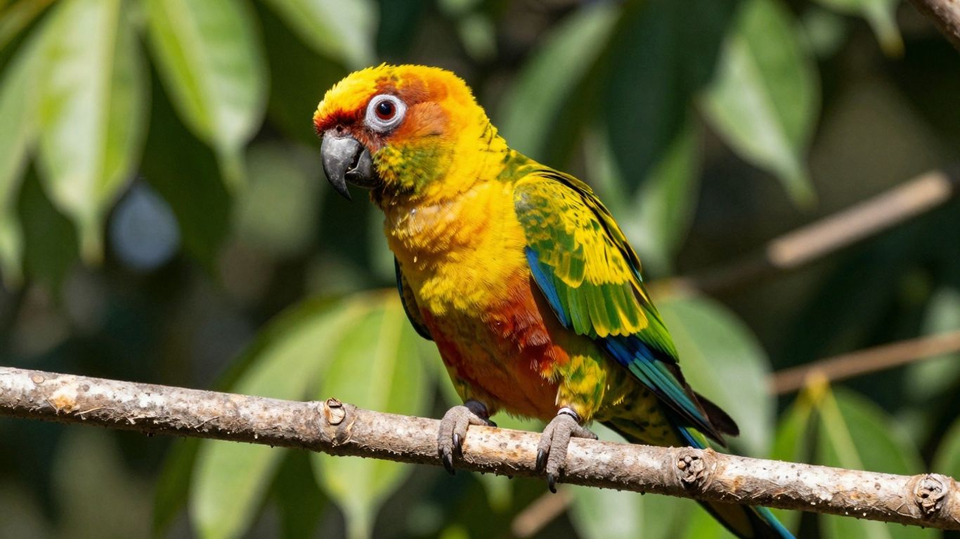 Brown Throated Conure bird perched on a branch.