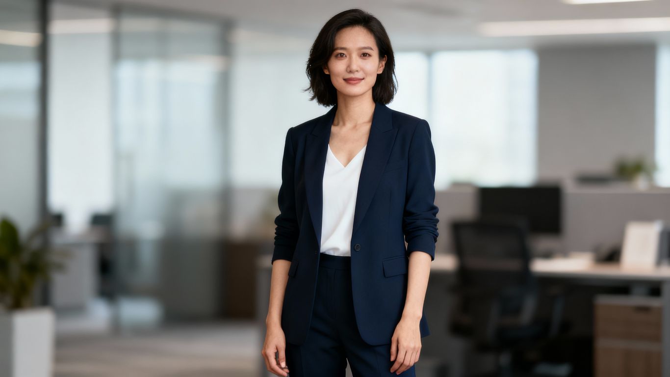Woman with confident body language and open posture.