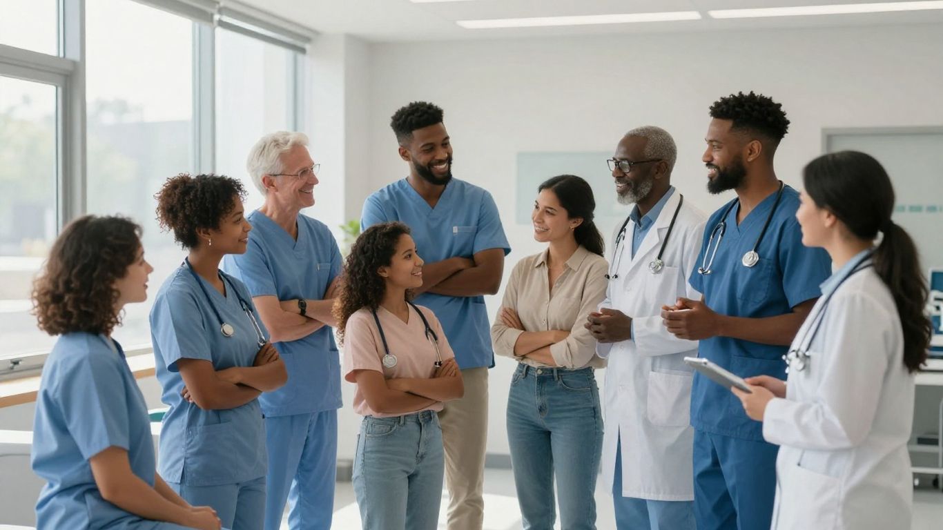 Oameni sănătoși interacționând cu profesioniști medicali.