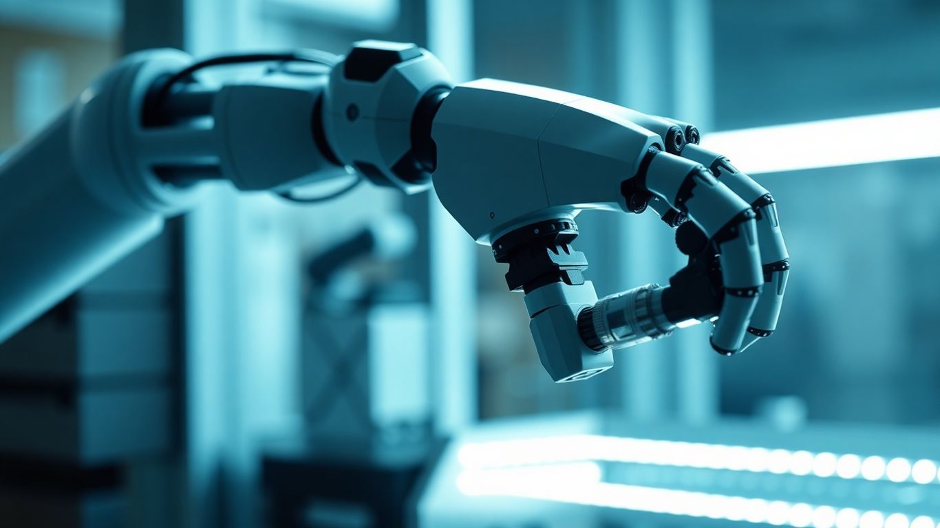 Futuristic robot arm assembling complex machinery in a lab.