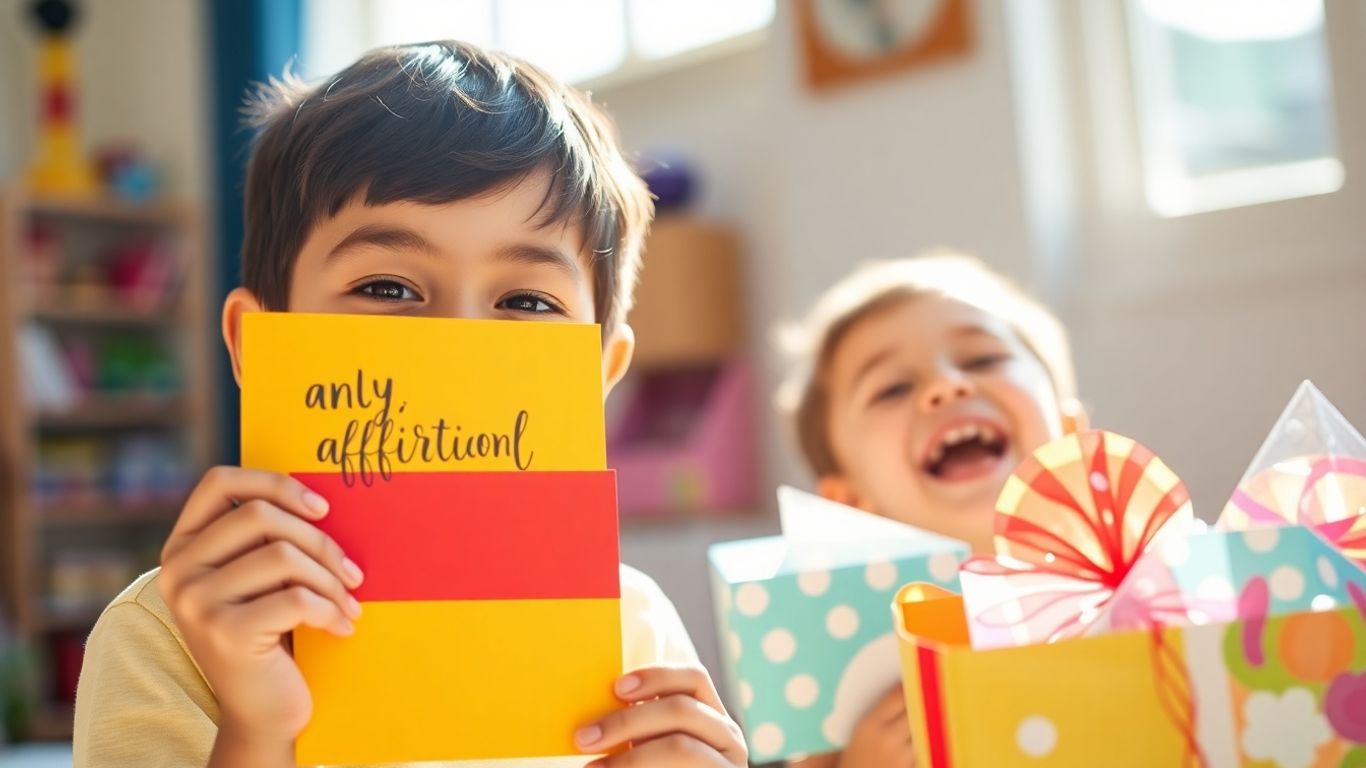 Boy holding affirmation card, child with gift packaging.