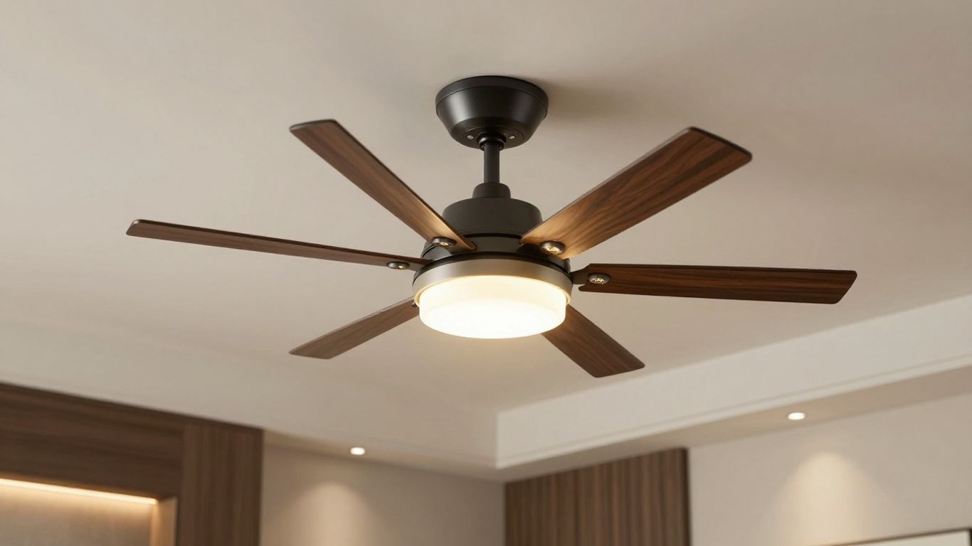 Stylish ceiling fan with integrated lights in a modern room.