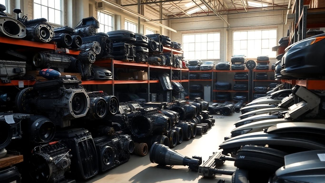 Subaru auto parts inventory in a well-lit warehouse.